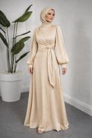 Tesettür giyim BEJ AKSESUAR DETAYLI ABİYE ELBİSE T 3626