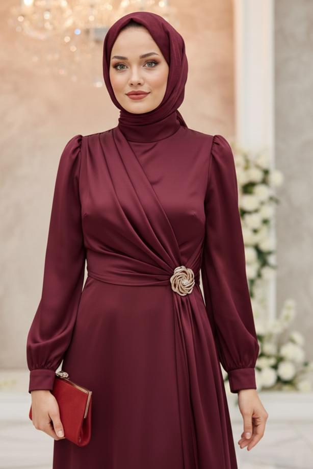 Vêtements hijab ROUGE BORDEAUX ROBE DE SOIRÉE DÉTAILLÉE ACCESSOIRE T 3626 - TRENDTESETTÜR