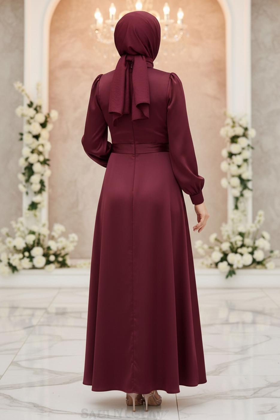 Vêtements hijab ROUGE BORDEAUX ROBE DE SOIRÉE DÉTAILLÉE ACCESSOIRE T 3626