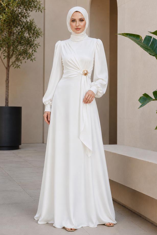 Hijab clothing ECRU ACCESSORY DETAILED EVENING DRESS T 3626 - TRENDTESETTÜR