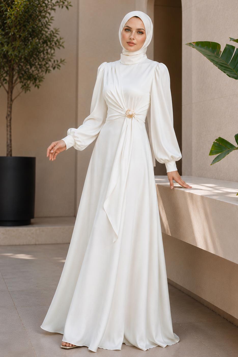 Hijab clothing ECRU ACCESSORY DETAILED EVENING DRESS T 3626