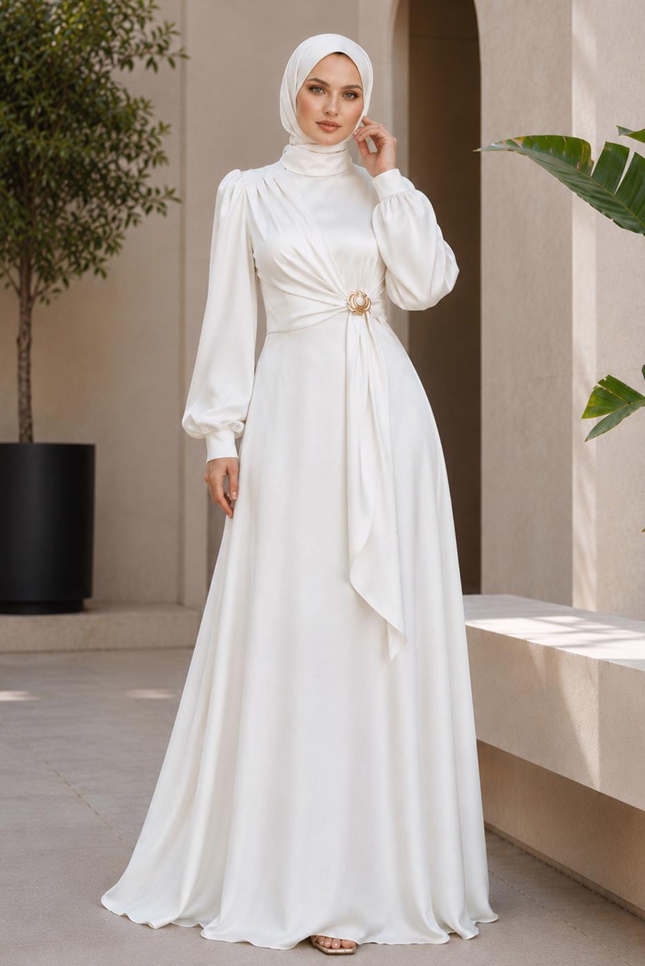 Hijab clothing ECRU ACCESSORY DETAILED EVENING DRESS T 3626