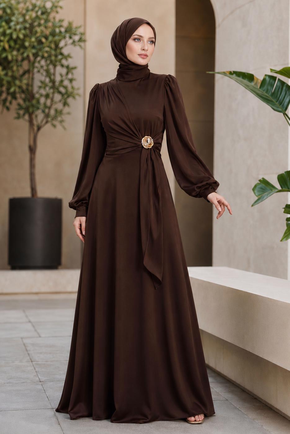 Hijab clothing BROWN ACCESSORY DETAILED EVENING DRESS T 3626