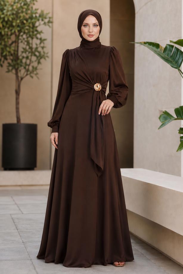 Hijab clothing BROWN ACCESSORY DETAILED EVENING DRESS T 3626 - TRENDTESETTÜR