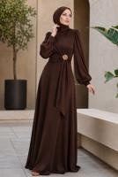 Hijab clothing BROWN ACCESSORY DETAILED EVENING DRESS T 3626