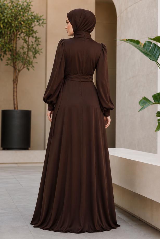 Hijab clothing BROWN ACCESSORY DETAILED EVENING DRESS T 3626 - TRENDTESETTÜR
