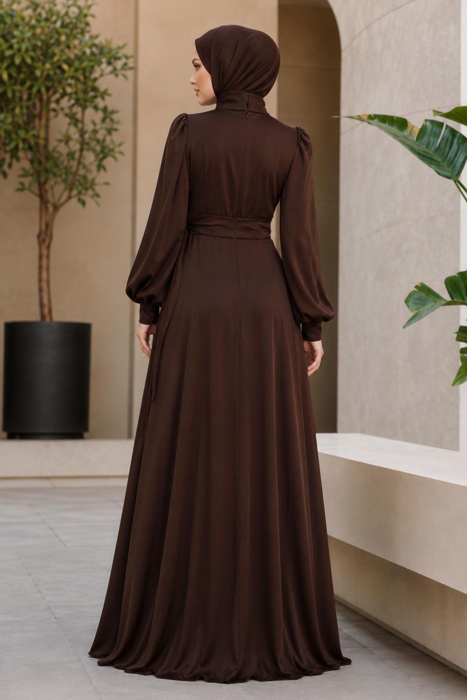Hijab clothing BROWN ACCESSORY DETAILED EVENING DRESS T 3626
