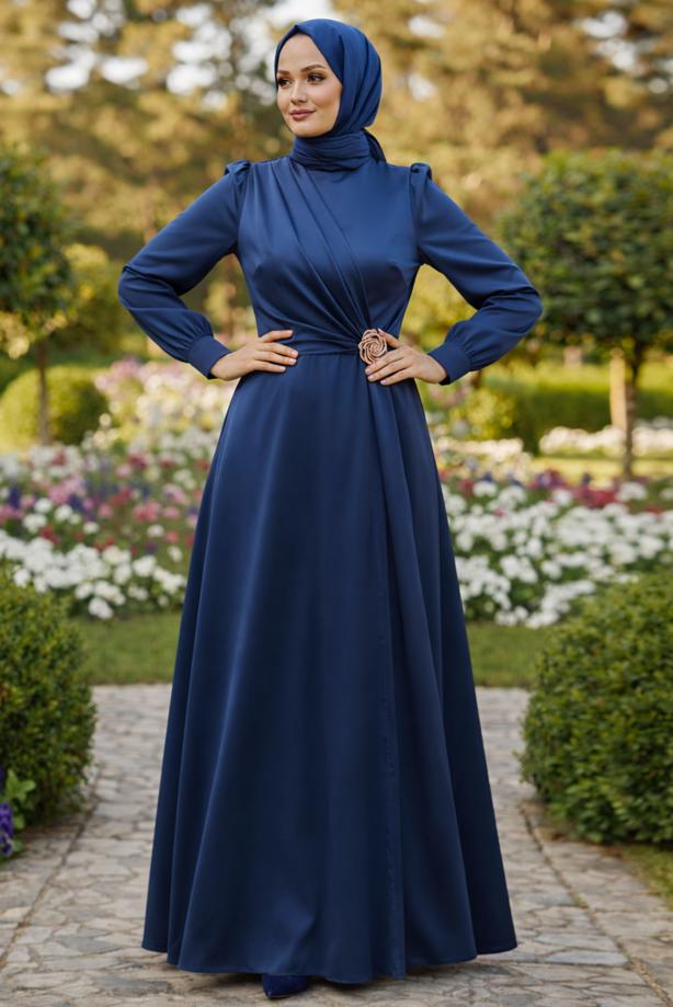 Vêtements hijab BLEU MARINE ROBE DE SOIRÉE DÉTAILLÉE ACCESSOIRE T 3626 - TRENDTESETTÜR