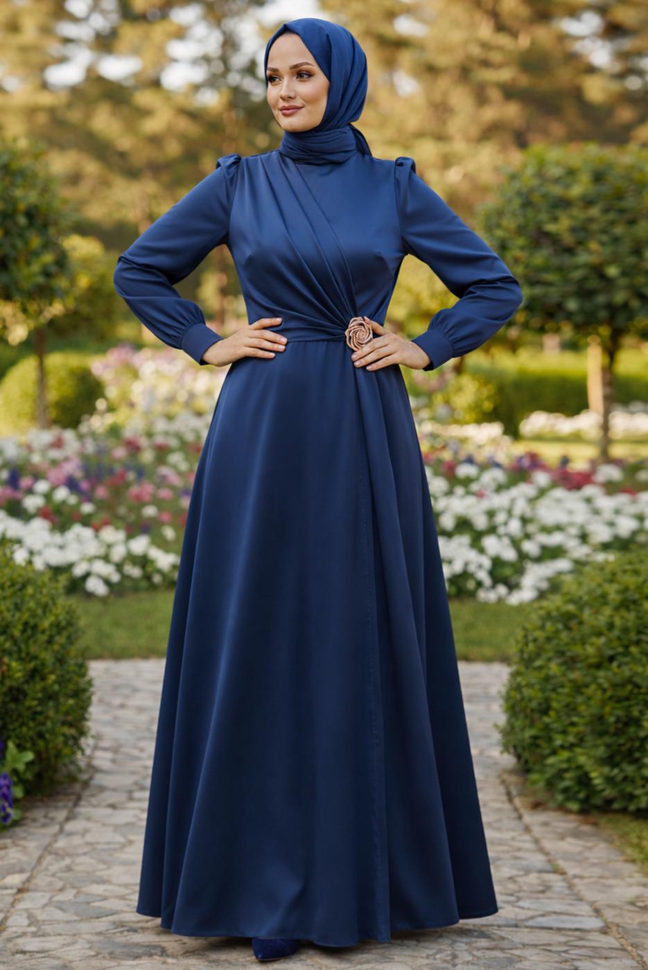 Vêtements hijab BLEU MARINE ROBE DE SOIRÉE DÉTAILLÉE ACCESSOIRE T 3626