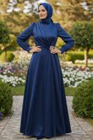 Vêtements hijab BLEU MARINE ROBE DE SOIRÉE DÉTAILLÉE ACCESSOIRE T 3626