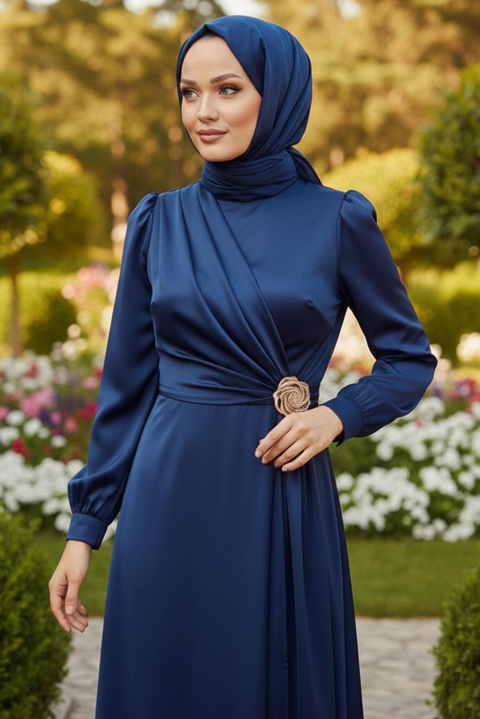 Vêtements hijab BLEU MARINE ROBE DE SOIRÉE DÉTAILLÉE ACCESSOIRE T 3626
