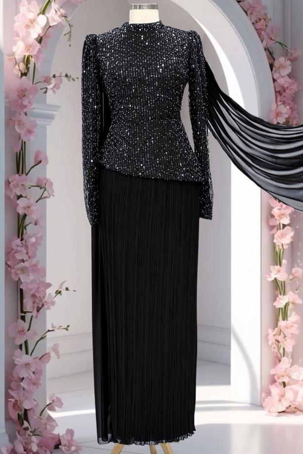 Vêtements hijab NOIR ROBE DE SOIRÉE DÉTAILLÉE EN TULLE T 3663 - TRENDTESETTÜR