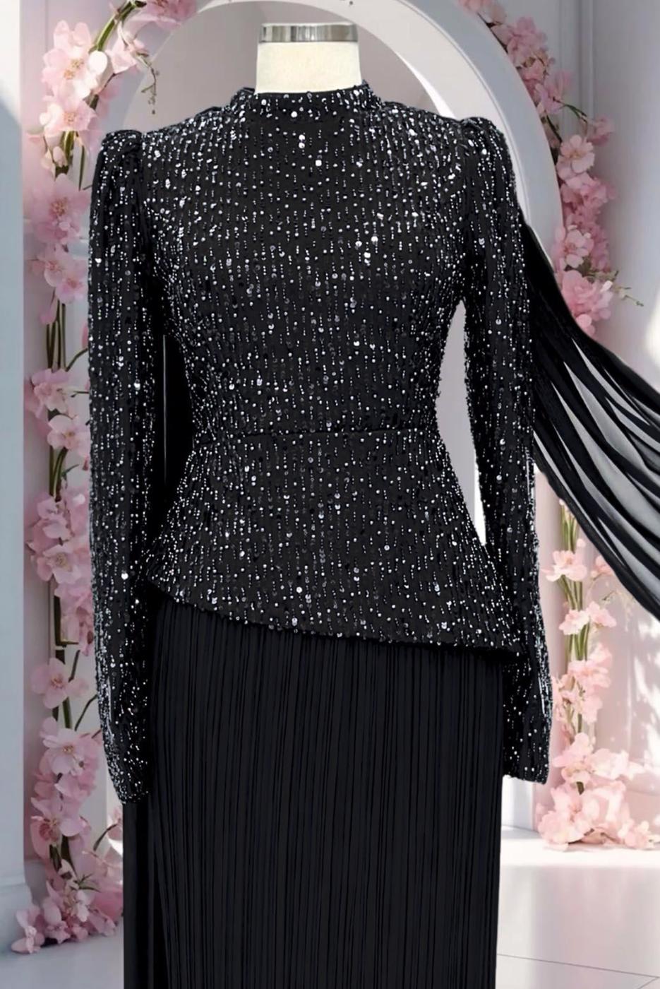Vêtements hijab NOIR ROBE DE SOIRÉE DÉTAILLÉE EN TULLE T 3663