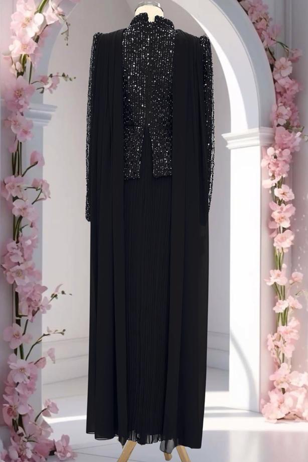 Vêtements hijab NOIR ROBE DE SOIRÉE DÉTAILLÉE EN TULLE T 3663 - TRENDTESETTÜR