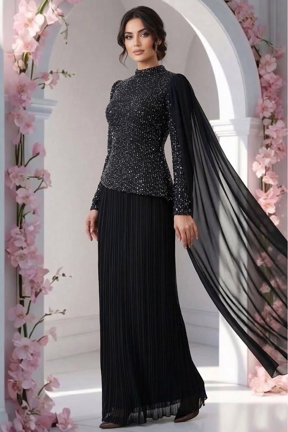 Vêtements hijab NOIR ROBE DE SOIRÉE DÉTAILLÉE EN TULLE T 3663