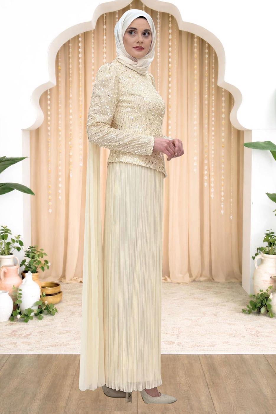 Vêtements hijab ÉCRU ROBE DE SOIRÉE DÉTAILLÉE EN TULLE T 3663