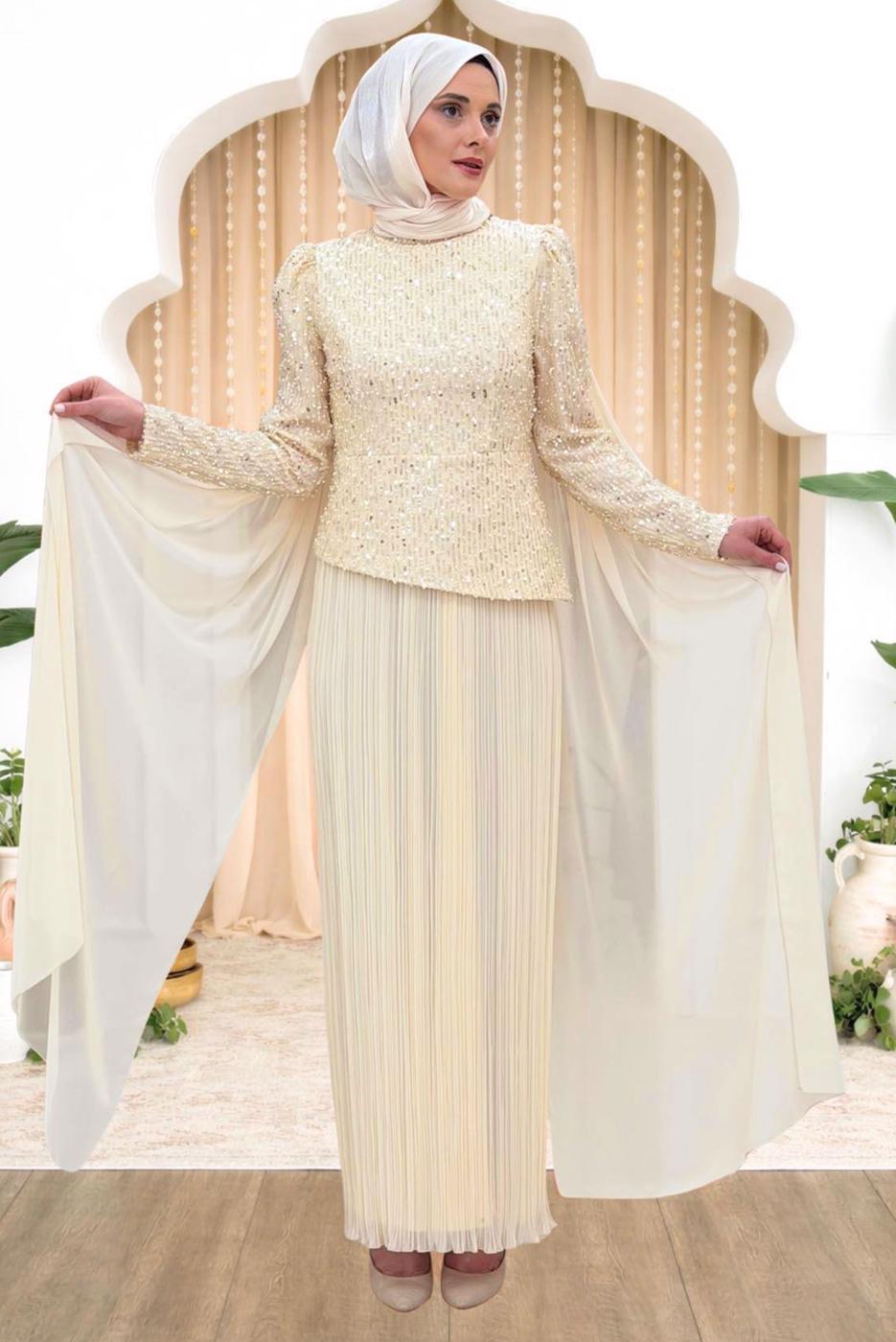 Vêtements hijab ÉCRU ROBE DE SOIRÉE DÉTAILLÉE EN TULLE T 3663