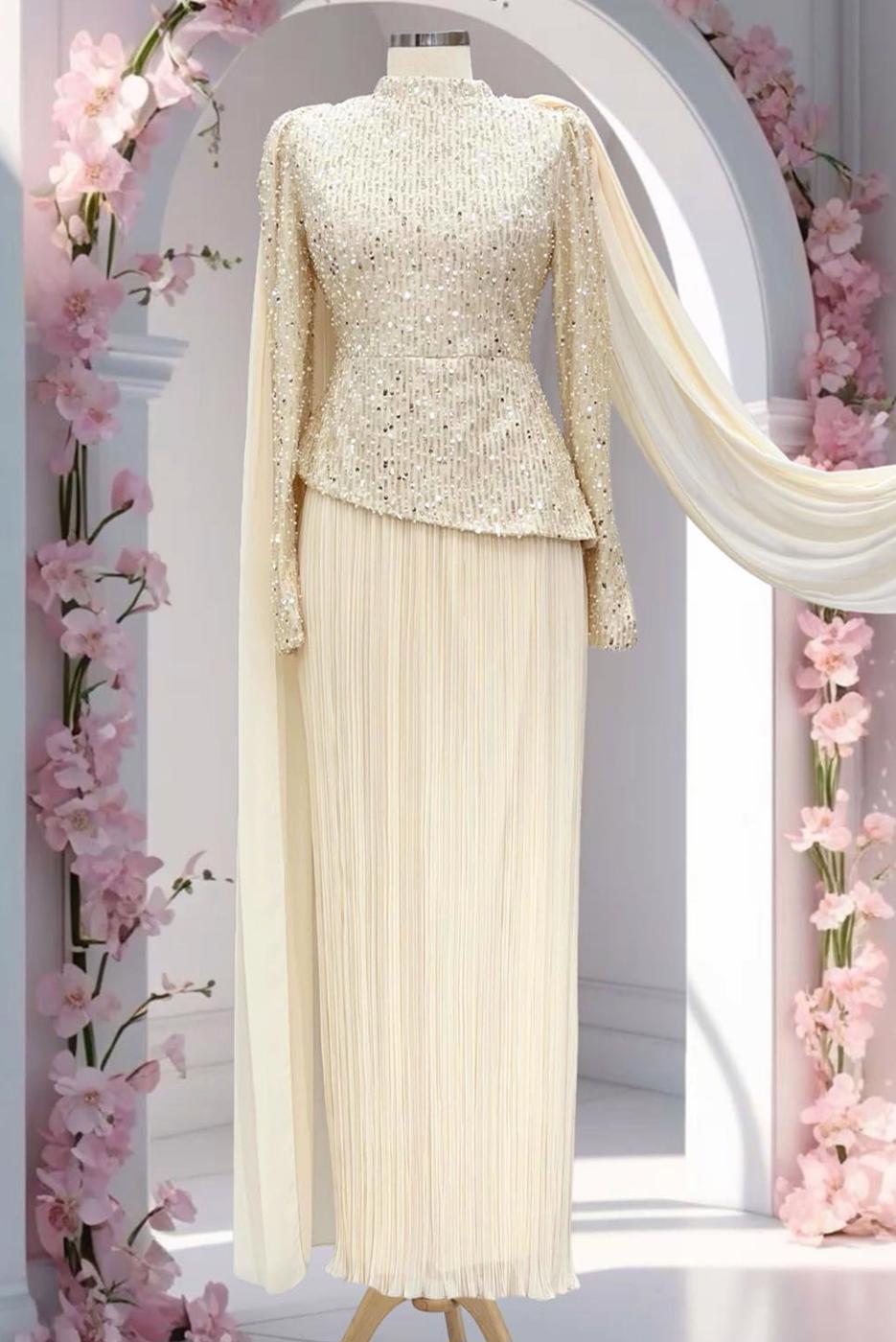 Vêtements hijab ÉCRU ROBE DE SOIRÉE DÉTAILLÉE EN TULLE T 3663