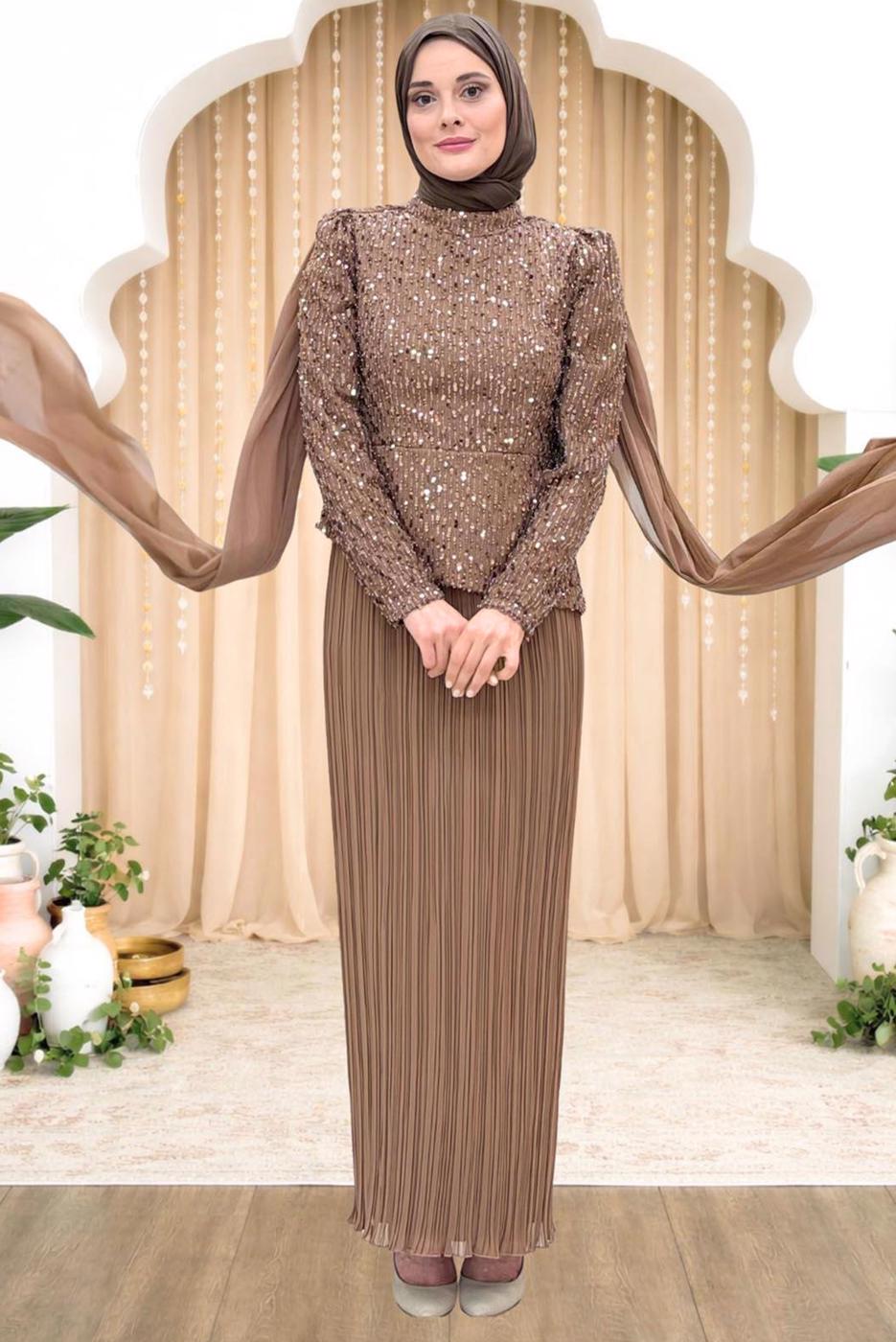 Vêtements hijab VISON ROBE DE SOIRÉE DÉTAILLÉE EN TULLE T 3663