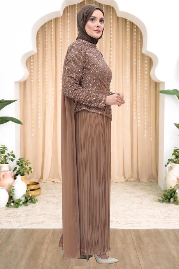 Vêtements hijab VISON ROBE DE SOIRÉE DÉTAILLÉE EN TULLE T 3663 - TRENDTESETTÜR