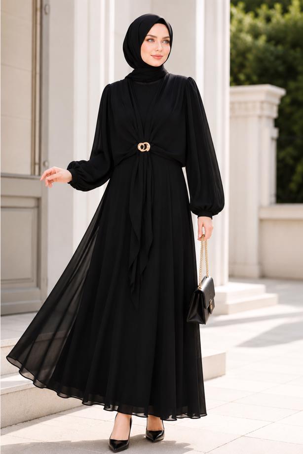 Hijab clothing BLACK ACCESSORY DETAILED SATIN EVENING DRESS T 4036 - TRENDTESETTÜR