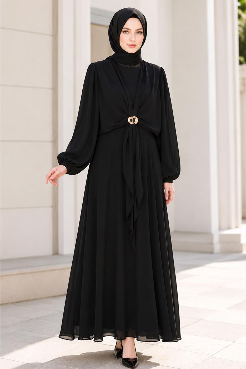 Hijab clothing BLACK ACCESSORY DETAILED SATIN EVENING DRESS T 4036