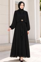 Hijab clothing BLACK ACCESSORY DETAILED SATIN EVENING DRESS T 4036