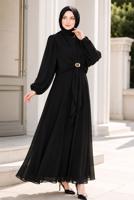Hijab clothing BLACK ACCESSORY DETAILED SATIN EVENING DRESS T 4036