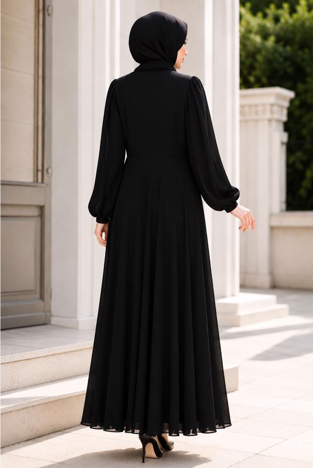 Hijab clothing BLACK ACCESSORY DETAILED SATIN EVENING DRESS T 4036 - TRENDTESETTÜR