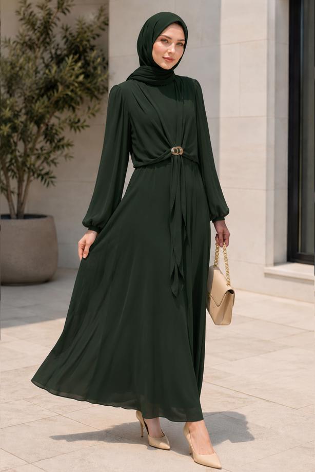 Hijab clothing GREEN ACCESSORY DETAILED SATIN EVENING DRESS T 4036 - TRENDTESETTÜR