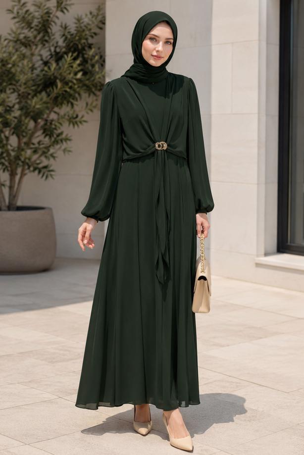 Hijab clothing GREEN ACCESSORY DETAILED SATIN EVENING DRESS T 4036 - TRENDTESETTÜR