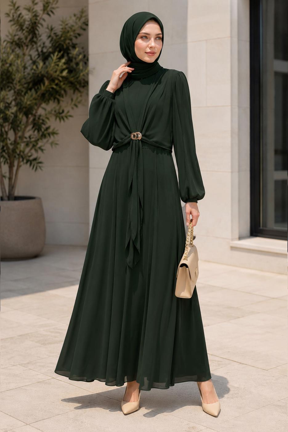 Hijab clothing GREEN ACCESSORY DETAILED SATIN EVENING DRESS T 4036
