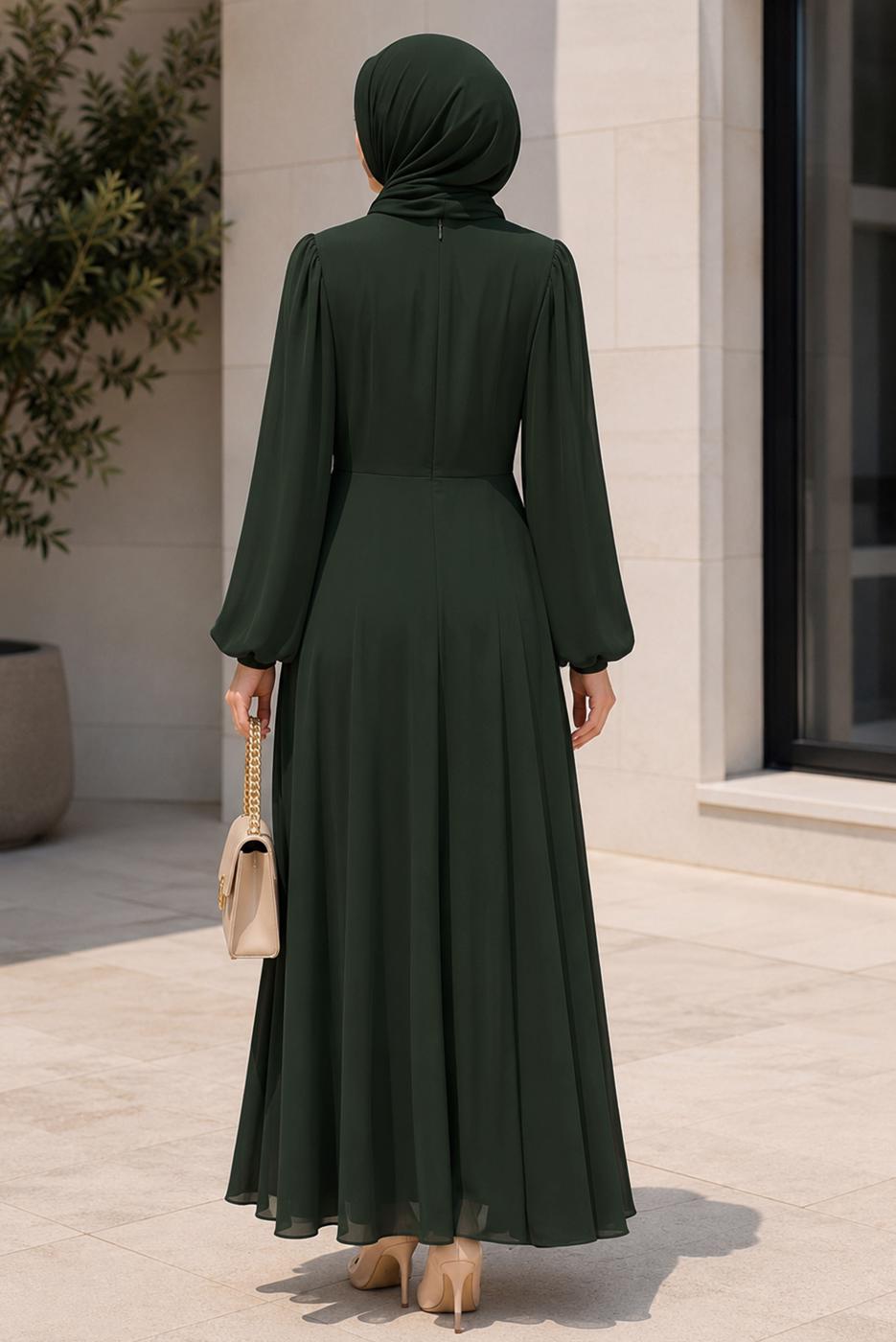 Hijab clothing GREEN ACCESSORY DETAILED SATIN EVENING DRESS T 4036