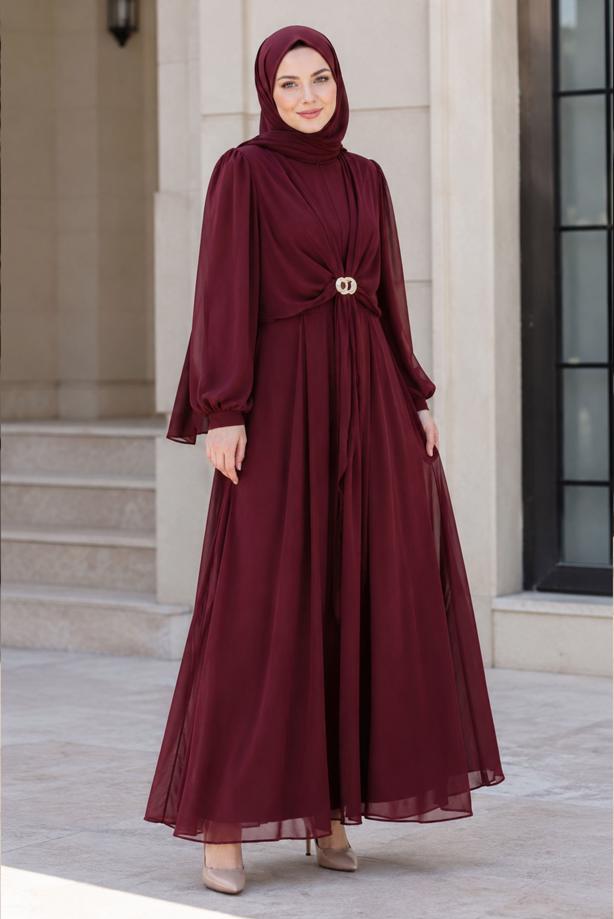 Hijab clothing CLARET RED ACCESSORY DETAILED SATIN EVENING DRESS T 4036 - TRENDTESETTÜR