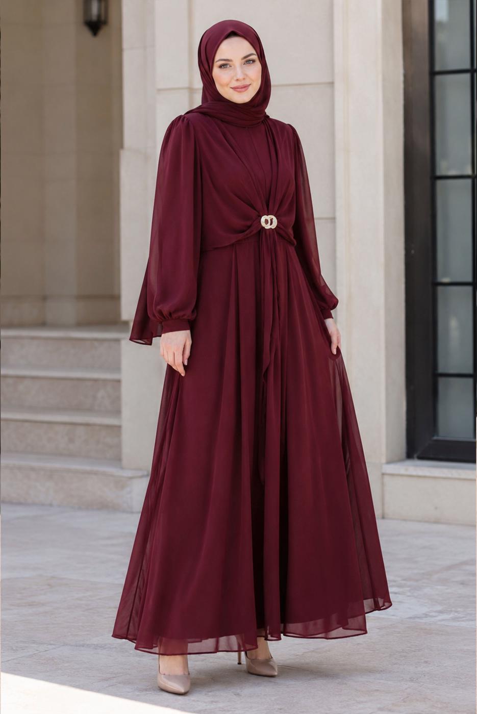 Hijab clothing CLARET RED ACCESSORY DETAILED SATIN EVENING DRESS T 4036