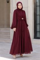 Hijab clothing CLARET RED ACCESSORY DETAILED SATIN EVENING DRESS T 4036