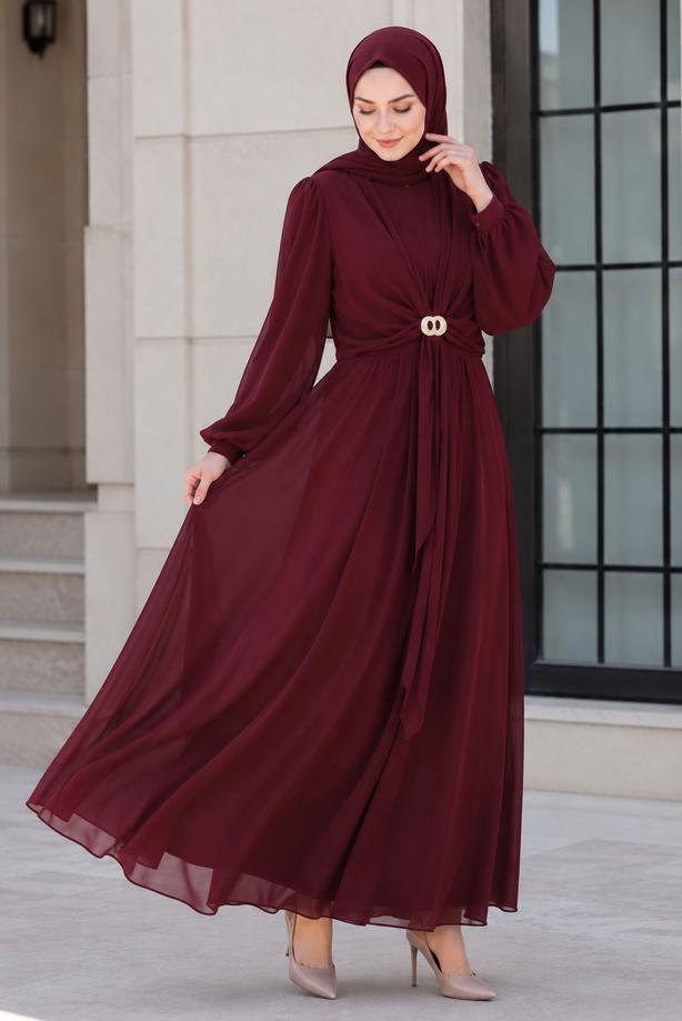 Hijab clothing CLARET RED ACCESSORY DETAILED SATIN EVENING DRESS T 4036 - TRENDTESETTÜR