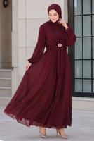 Hijab clothing CLARET RED ACCESSORY DETAILED SATIN EVENING DRESS T 4036