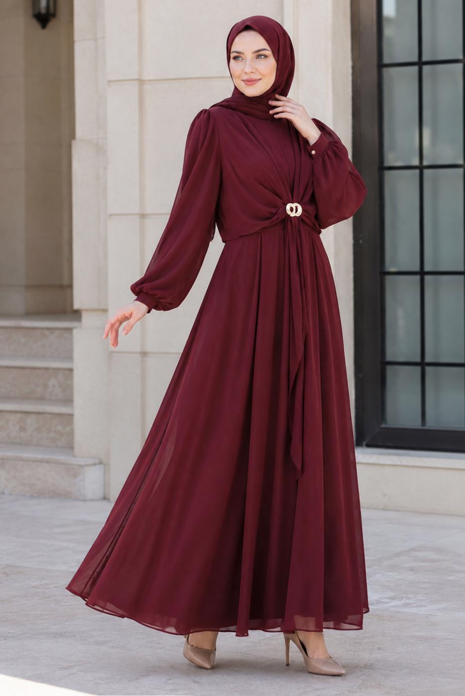 Hijab clothing CLARET RED ACCESSORY DETAILED SATIN EVENING DRESS T 4036
