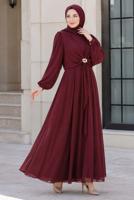 Hijab clothing CLARET RED ACCESSORY DETAILED SATIN EVENING DRESS T 4036