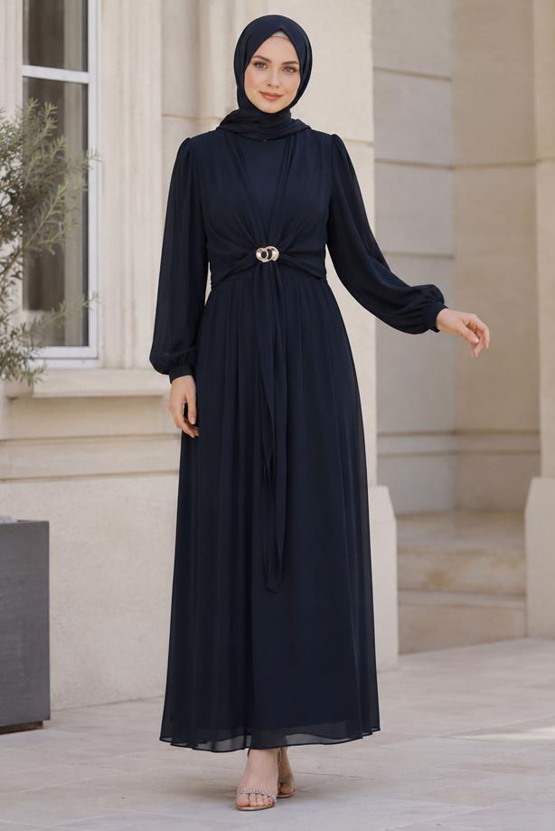 Hijab clothing NAVY BLUE ACCESSORY DETAILED SATIN EVENING DRESS T 4036 - TRENDTESETTÜR