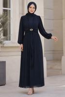 Hijab clothing NAVY BLUE ACCESSORY DETAILED SATIN EVENING DRESS T 4036