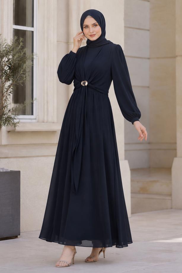 Hijab clothing NAVY BLUE ACCESSORY DETAILED SATIN EVENING DRESS T 4036 - TRENDTESETTÜR