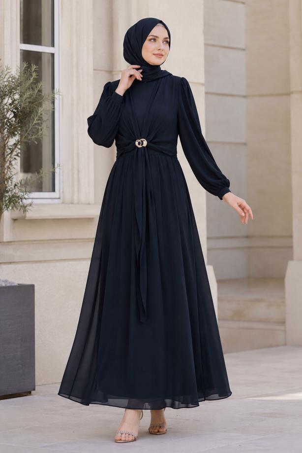 Hijab clothing NAVY BLUE ACCESSORY DETAILED SATIN EVENING DRESS T 4036 - TRENDTESETTÜR