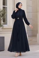 Hijab clothing NAVY BLUE ACCESSORY DETAILED SATIN EVENING DRESS T 4036