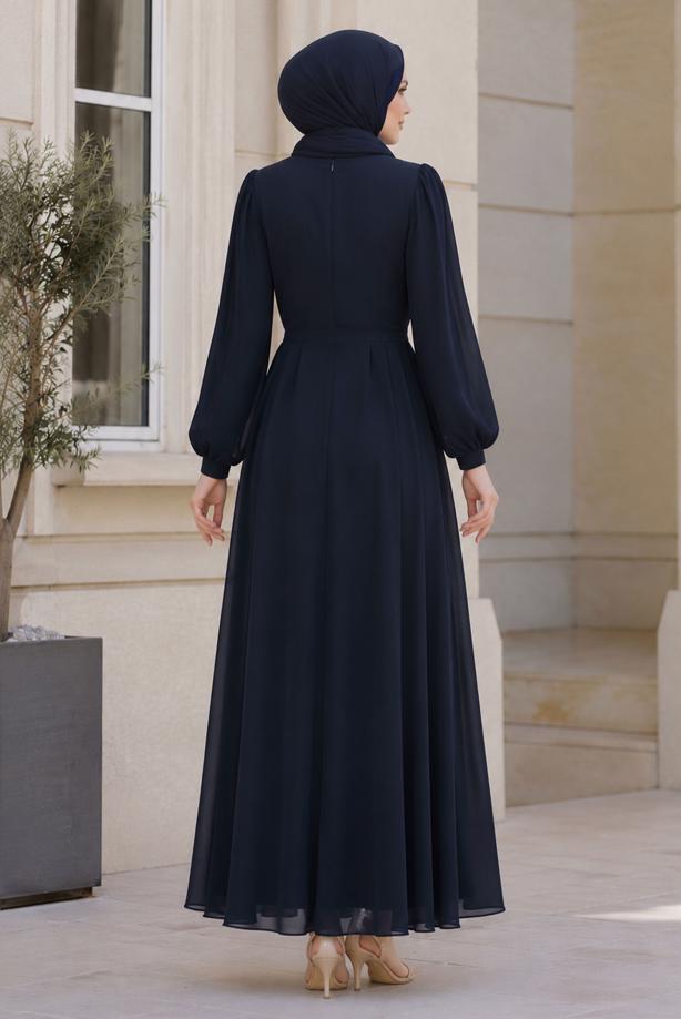 Hijab clothing NAVY BLUE ACCESSORY DETAILED SATIN EVENING DRESS T 4036 - TRENDTESETTÜR