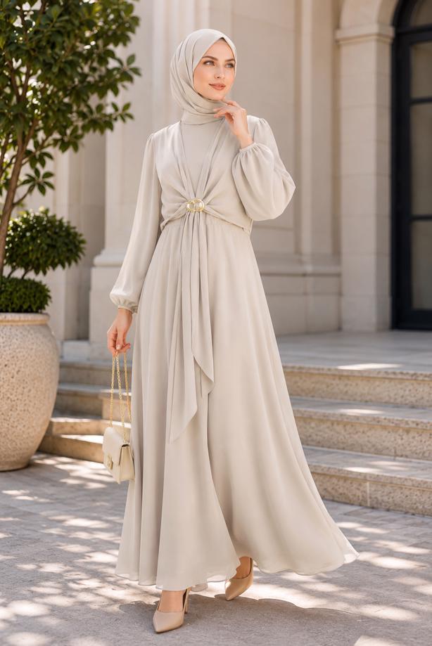 Hijab clothing BEIGE ACCESSORY DETAILED SATIN EVENING DRESS T 4036 - TRENDTESETTÜR