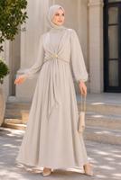 Hijab clothing BEIGE ACCESSORY DETAILED SATIN EVENING DRESS T 4036