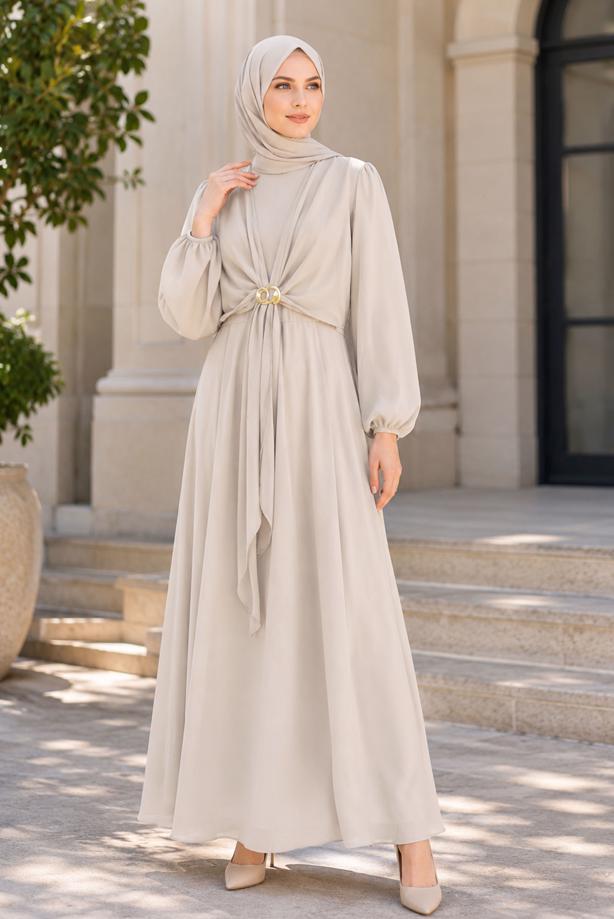 Hijab clothing BEIGE ACCESSORY DETAILED SATIN EVENING DRESS T 4036 - TRENDTESETTÜR