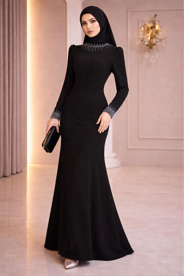 Vêtements hijab NOIR ROBE DE SOIRÉE DÉTAILLÉE DE GEMMES T 4463 - TRENDTESETTÜR